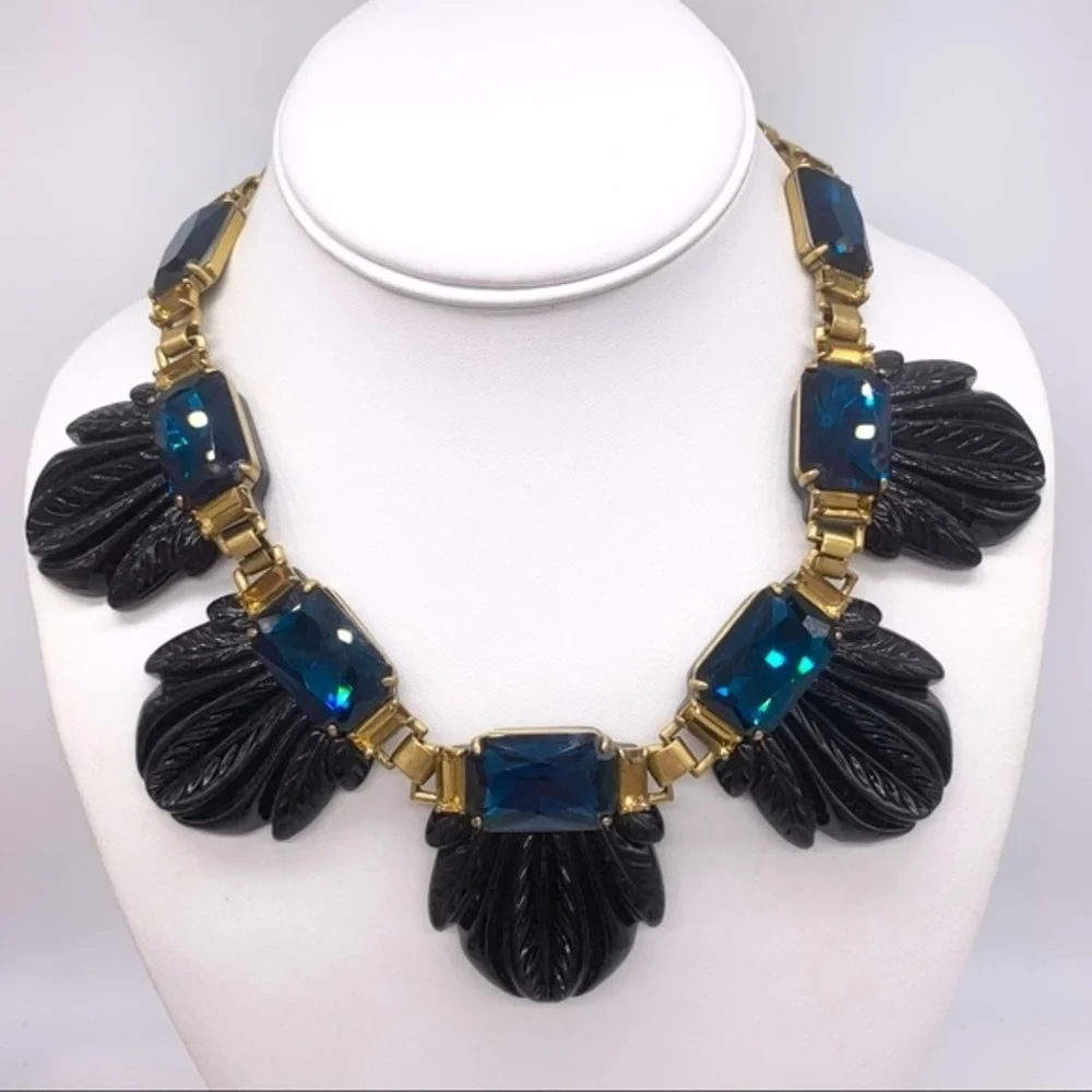 J. Crew Blue Crystal Black Resin Gold Necklace